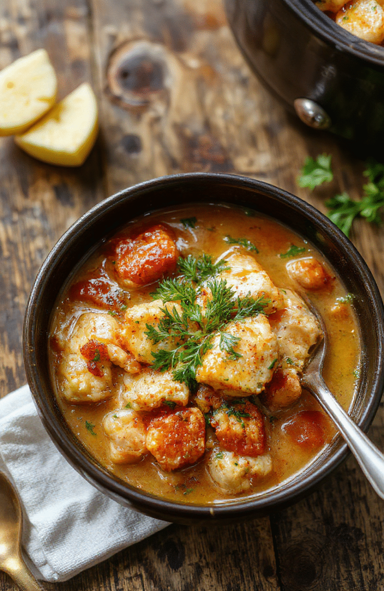 A bowl of hearty chicken stew with tender chunks of chicken, carrots, potatoes, and celery, topped with fresh herbs. The stew is served in a rustic white bowl on a wooden table, with steam rising and a warm, inviting atmosphere.