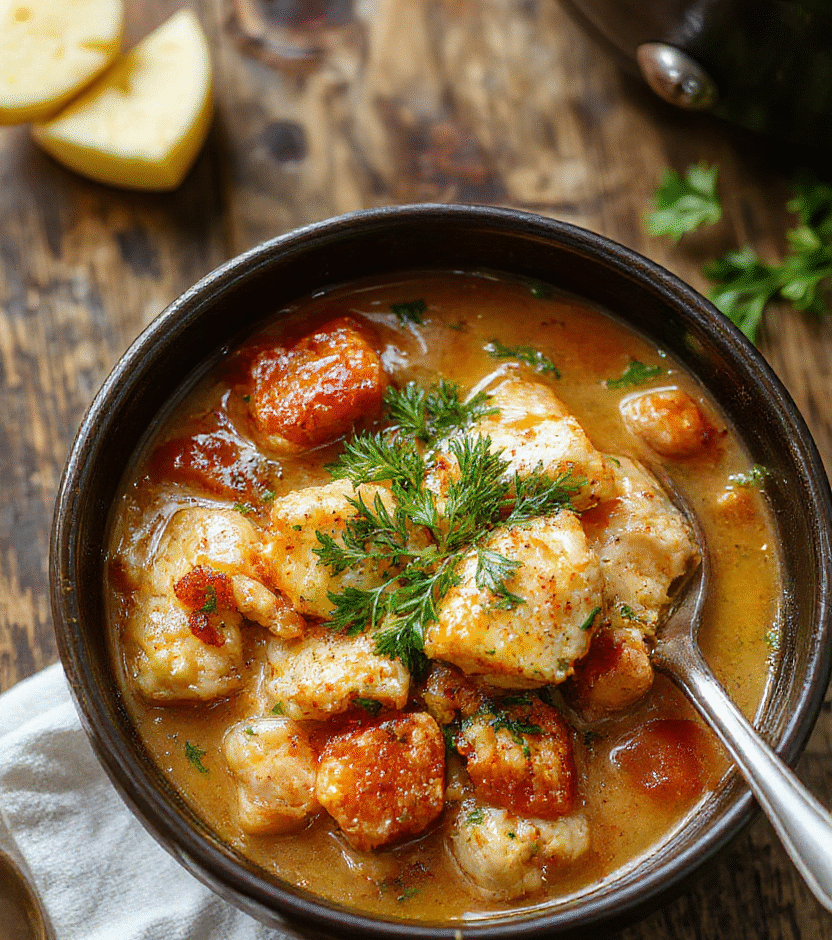 A bowl of hearty chicken stew with tender chunks of chicken, carrots, potatoes, and celery, topped with fresh herbs. The stew is served in a rustic white bowl on a wooden table, with steam rising and a warm, inviting atmosphere.