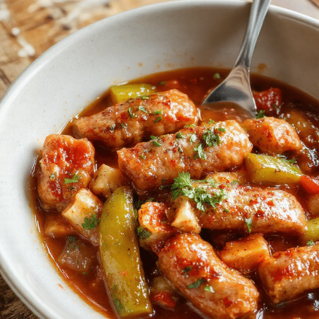 A vibrant plate of sliced sausages nestled among colorful red and yellow bell peppers, garnished with fresh herbs, on a rustic wooden surface. The dish has a glossy, savory appearance with steam gently rising, styled simply for an inviting homemade feel.