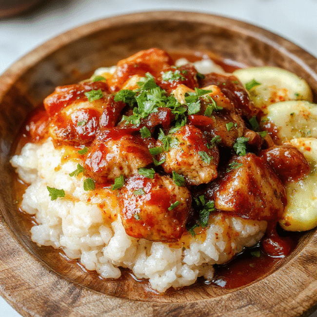 A colorful and inviting sticky chicken rice bowl featuring tender glazed chicken pieces atop fluffy steamed white rice, garnished with sliced green onions and sesame seeds, served on a rustic wooden plate with a vibrant background showcasing fresh ingredients and a drizzle of sauce.