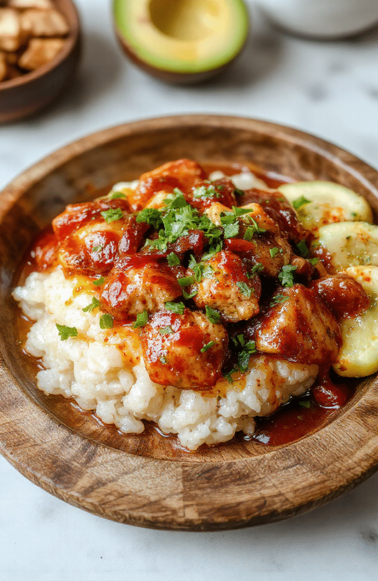 A colorful and inviting sticky chicken rice bowl featuring tender glazed chicken pieces atop fluffy steamed white rice, garnished with sliced green onions and sesame seeds, served on a rustic wooden plate with a vibrant background showcasing fresh ingredients and a drizzle of sauce.