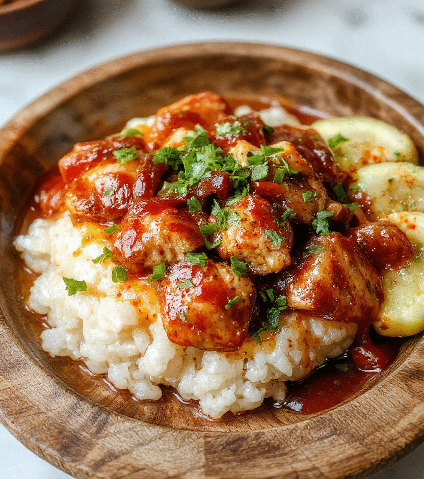 A colorful and inviting sticky chicken rice bowl featuring tender glazed chicken pieces atop fluffy steamed white rice, garnished with sliced green onions and sesame seeds, served on a rustic wooden plate with a vibrant background showcasing fresh ingredients and a drizzle of sauce.