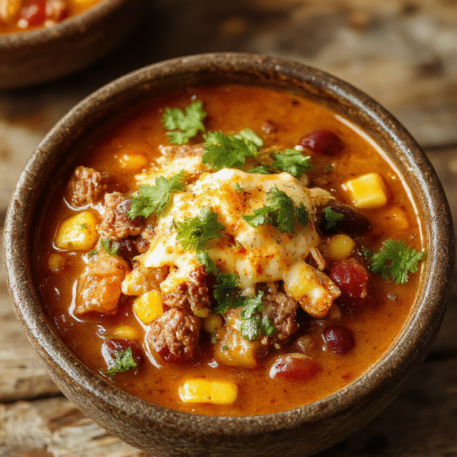 Vibrant bowl of taco soup with ground beef, kidney beans, corn, diced tomatoes, topped with shredded cheese, fresh cilantro, and sliced jalapenos, styled in a rustic bowl with colorful ingredients visible, garnished beautifully for a hearty, inviting meal