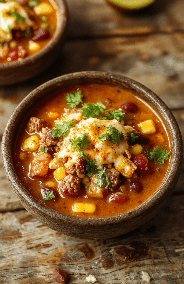 Vibrant bowl of taco soup with ground beef, kidney beans, corn, diced tomatoes, topped with shredded cheese, fresh cilantro, and sliced jalapenos, styled in a rustic bowl with colorful ingredients visible, garnished beautifully for a hearty, inviting meal