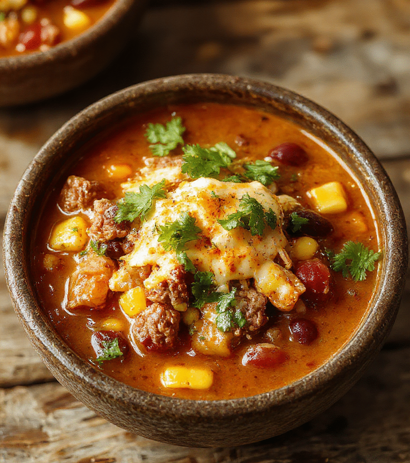 Vibrant bowl of taco soup with ground beef, kidney beans, corn, diced tomatoes, topped with shredded cheese, fresh cilantro, and sliced jalapenos, styled in a rustic bowl with colorful ingredients visible, garnished beautifully for a hearty, inviting meal
