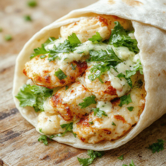 Colorful Chicken Caesar Wrap sliced in half revealing juicy grilled chicken, crisp romaine lettuce, creamy Caesar dressing, all wrapped in a toasted tortilla, styled on a rustic wooden surface with fresh ingredients around