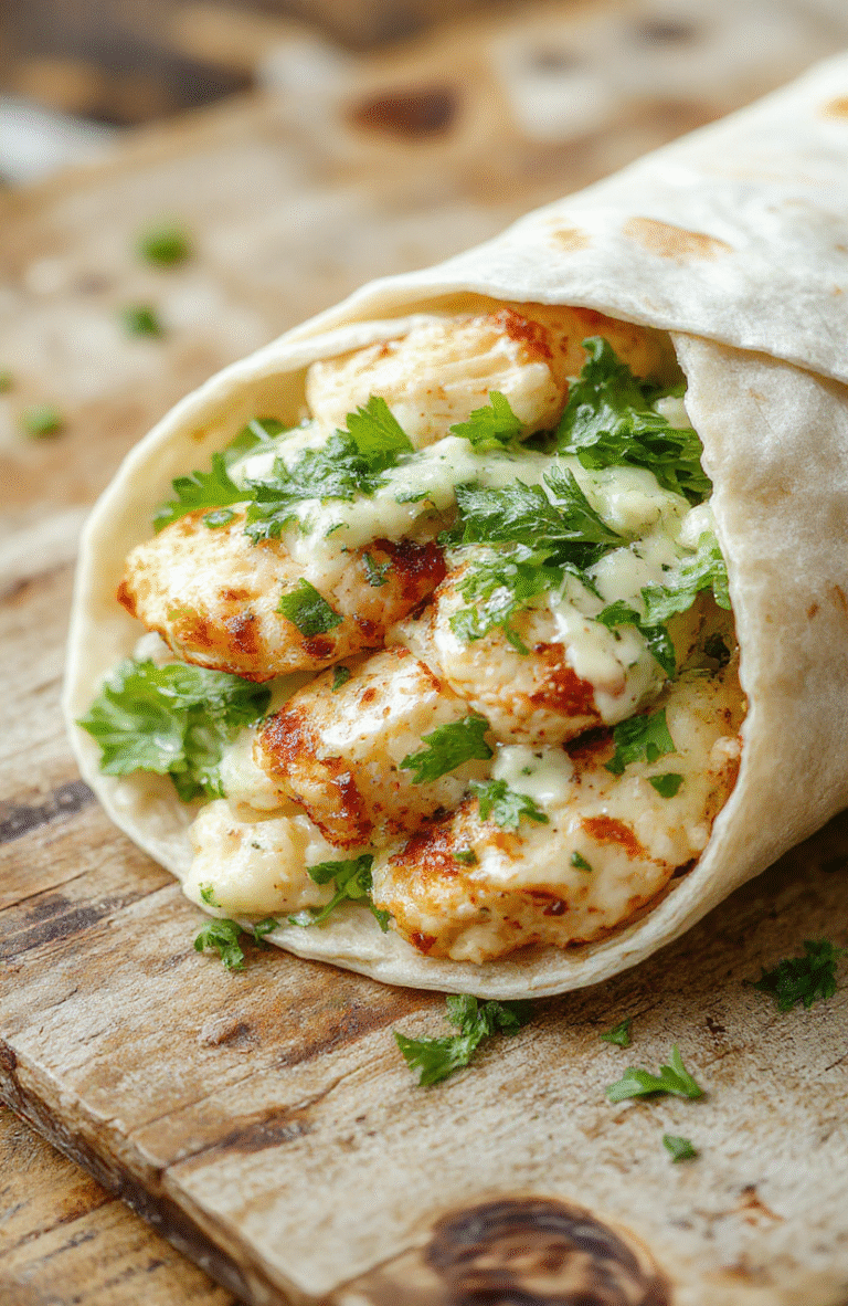 Colorful Chicken Caesar Wrap sliced in half revealing juicy grilled chicken, crisp romaine lettuce, creamy Caesar dressing, all wrapped in a toasted tortilla, styled on a rustic wooden surface with fresh ingredients around