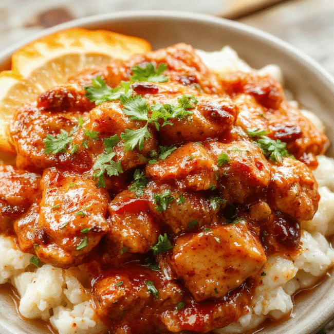 A vibrant bowl of Indian Butter Chicken topped with fresh cilantro, served alongside fluffy basmati rice, with a rich, creamy sauce visible. The dish is styled on a rustic wooden table with warm lighting highlighting the glossy sauce and tender chicken pieces, garnished with side herbs and spices, inviting a cozy dinner atmosphere.