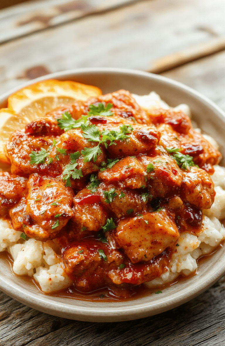 A vibrant bowl of Indian Butter Chicken topped with fresh cilantro, served alongside fluffy basmati rice, with a rich, creamy sauce visible. The dish is styled on a rustic wooden table with warm lighting highlighting the glossy sauce and tender chicken pieces, garnished with side herbs and spices, inviting a cozy dinner atmosphere.