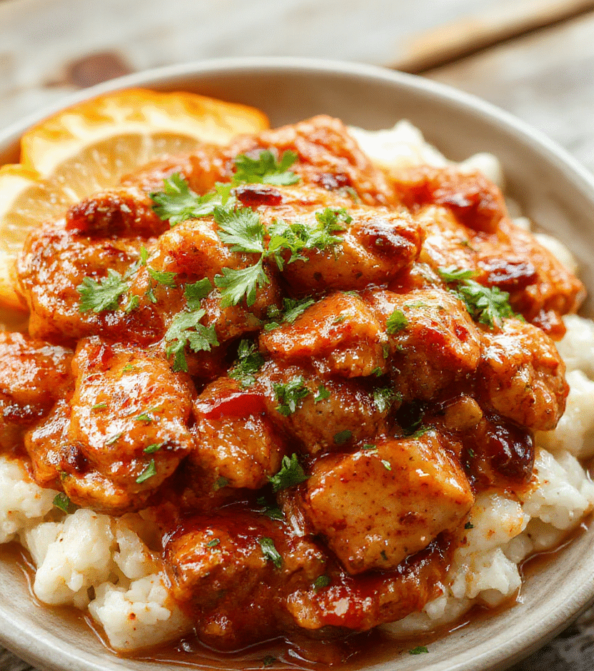 A vibrant bowl of Indian Butter Chicken topped with fresh cilantro, served alongside fluffy basmati rice, with a rich, creamy sauce visible. The dish is styled on a rustic wooden table with warm lighting highlighting the glossy sauce and tender chicken pieces, garnished with side herbs and spices, inviting a cozy dinner atmosphere.