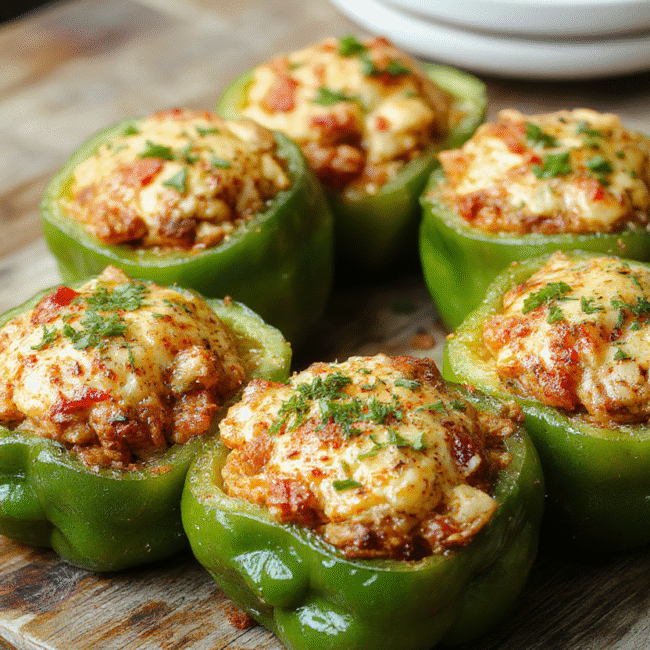 Colorful stuffed bell peppers topped with melted cheese, filled with a savory mixture of ground beef, rice, and vegetables, artistically arranged on a rustic plate with fresh herbs and a side of vibrant salad, styled for an inviting home-cooked meal