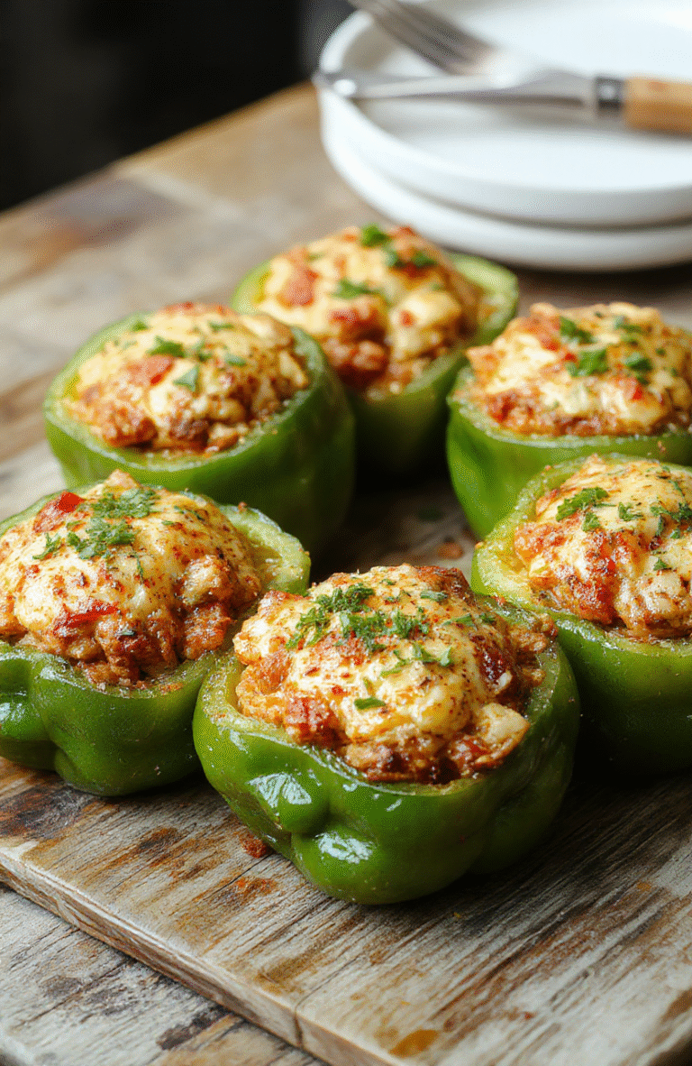 Colorful stuffed bell peppers topped with melted cheese, filled with a savory mixture of ground beef, rice, and vegetables, artistically arranged on a rustic plate with fresh herbs and a side of vibrant salad, styled for an inviting home-cooked meal