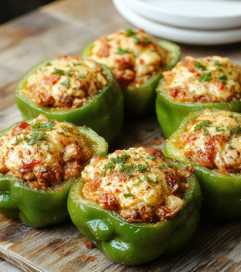 Colorful stuffed bell peppers topped with melted cheese, filled with a savory mixture of ground beef, rice, and vegetables, artistically arranged on a rustic plate with fresh herbs and a side of vibrant salad, styled for an inviting home-cooked meal