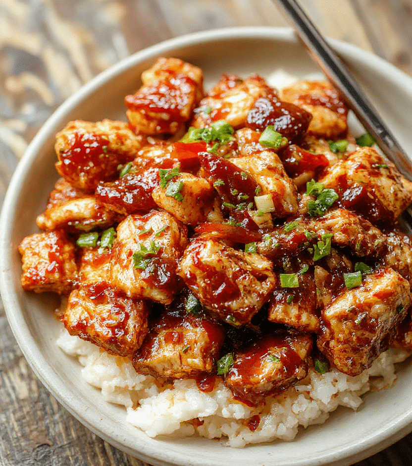 Colorful teriyaki chicken stir fry plated beautifully with glossy glazed chicken pieces, vibrant bell peppers, broccoli florets, and sesame seeds, styled on a rustic wooden surface with fresh green garnish, showcasing a fresh, appetizing Asian-inspired dish with shiny sauce and crispy textures.