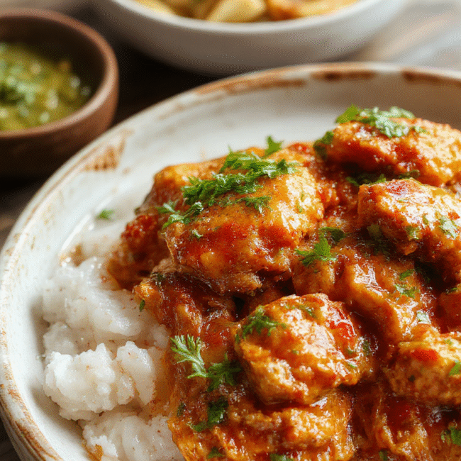 A vibrant plate of homemade butter chicken featuring tender, orange-hued chicken pieces coated in a creamy, spiced tomato sauce. The dish is garnished with fresh cilantro and served on a rustic white plate, accompanied by fluffy rice and a side of naan bread. The scene is styled simply, highlighting the rich textures and inviting colors of the dish.