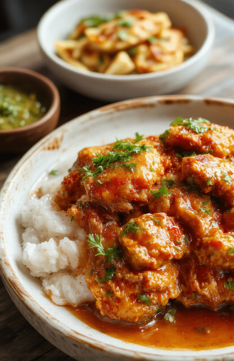 A vibrant plate of homemade butter chicken featuring tender, orange-hued chicken pieces coated in a creamy, spiced tomato sauce. The dish is garnished with fresh cilantro and served on a rustic white plate, accompanied by fluffy rice and a side of naan bread. The scene is styled simply, highlighting the rich textures and inviting colors of the dish.