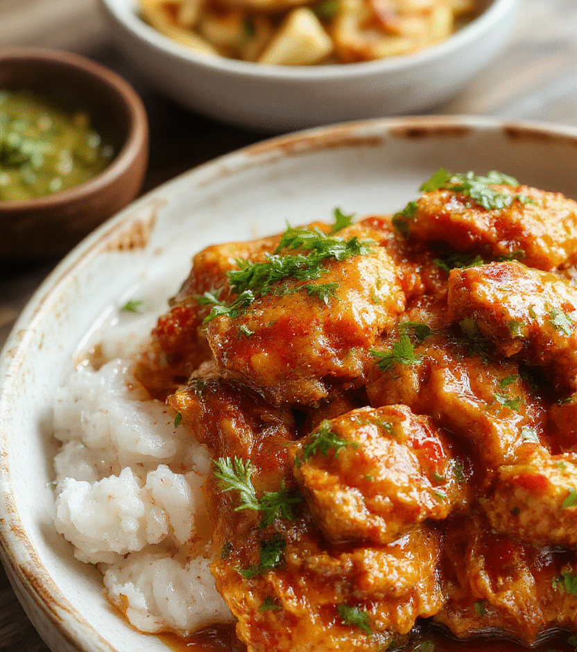 A vibrant plate of homemade butter chicken featuring tender, orange-hued chicken pieces coated in a creamy, spiced tomato sauce. The dish is garnished with fresh cilantro and served on a rustic white plate, accompanied by fluffy rice and a side of naan bread. The scene is styled simply, highlighting the rich textures and inviting colors of the dish.