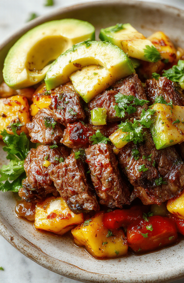 A vibrant steak fajita bowl featuring juicy grilled steak strips, colorful bell peppers, red onions, and fresh herbs, all arranged on a rustic plate with a side of lime and avocado slices. The dish showcases textures from tender meat to crisp vegetables, with a glossy finish and bright garnishes.