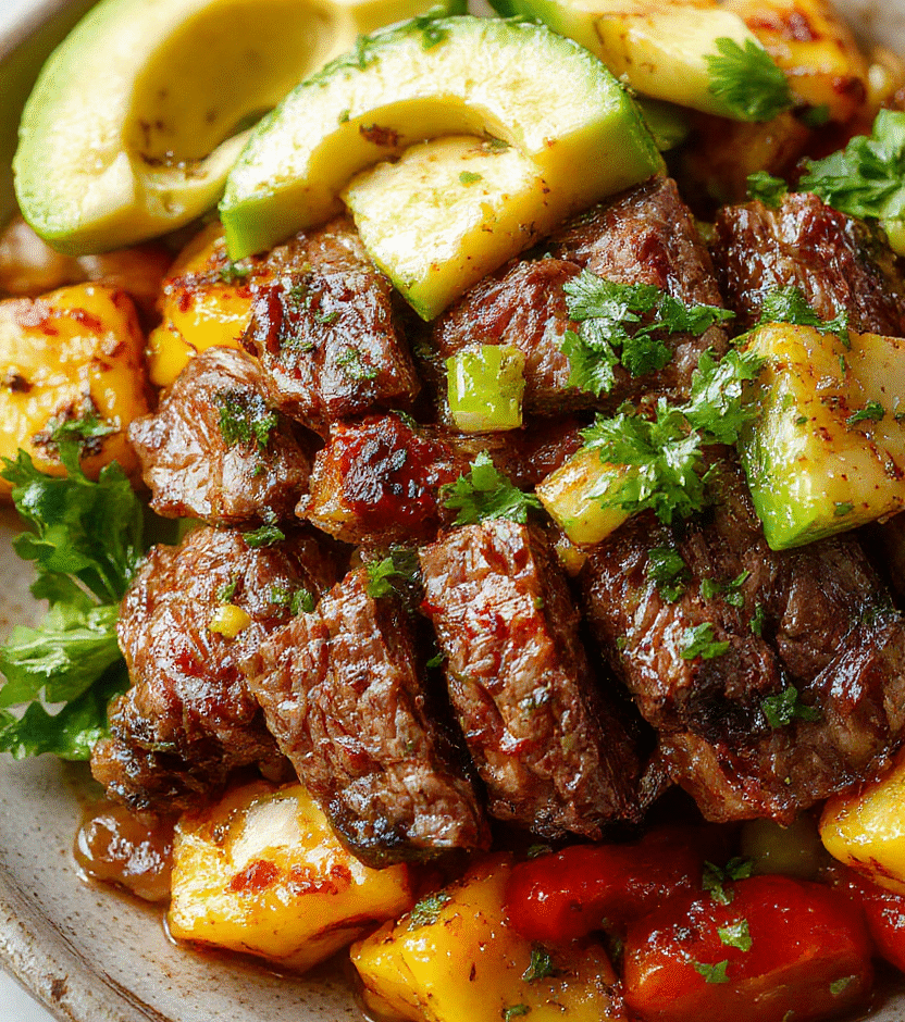 A vibrant steak fajita bowl featuring juicy grilled steak strips, colorful bell peppers, red onions, and fresh herbs, all arranged on a rustic plate with a side of lime and avocado slices. The dish showcases textures from tender meat to crisp vegetables, with a glossy finish and bright garnishes.
