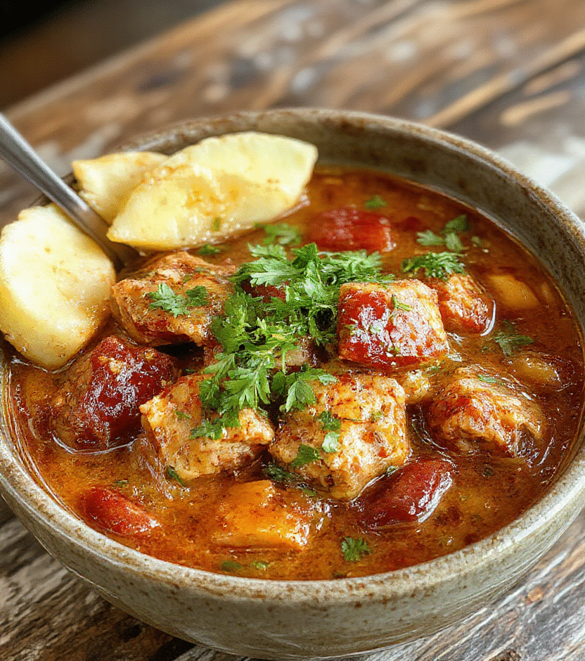 A vibrant plate of Mexican birria stew featuring tender beef pieces immersed in rich red broth, garnished with fresh cilantro, chopped onions, and sliced lime on a rustic wooden table, styled in a casual yet appetizing manner.