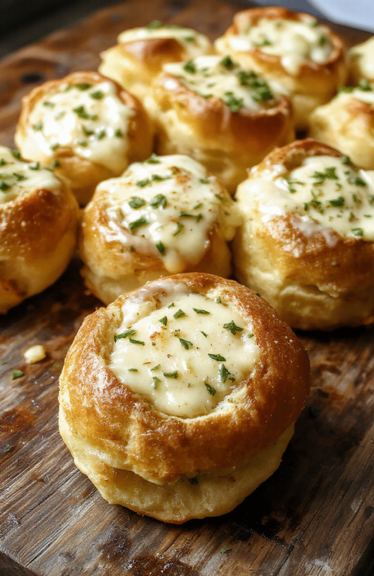 Golden, fluffy garlic butter bread rolls arranged on a rustic wooden platter, brushed with glossy garlic butter, topped with chopped parsley, and textured with soft, airy interiors contrasted by a lightly crisp crust.