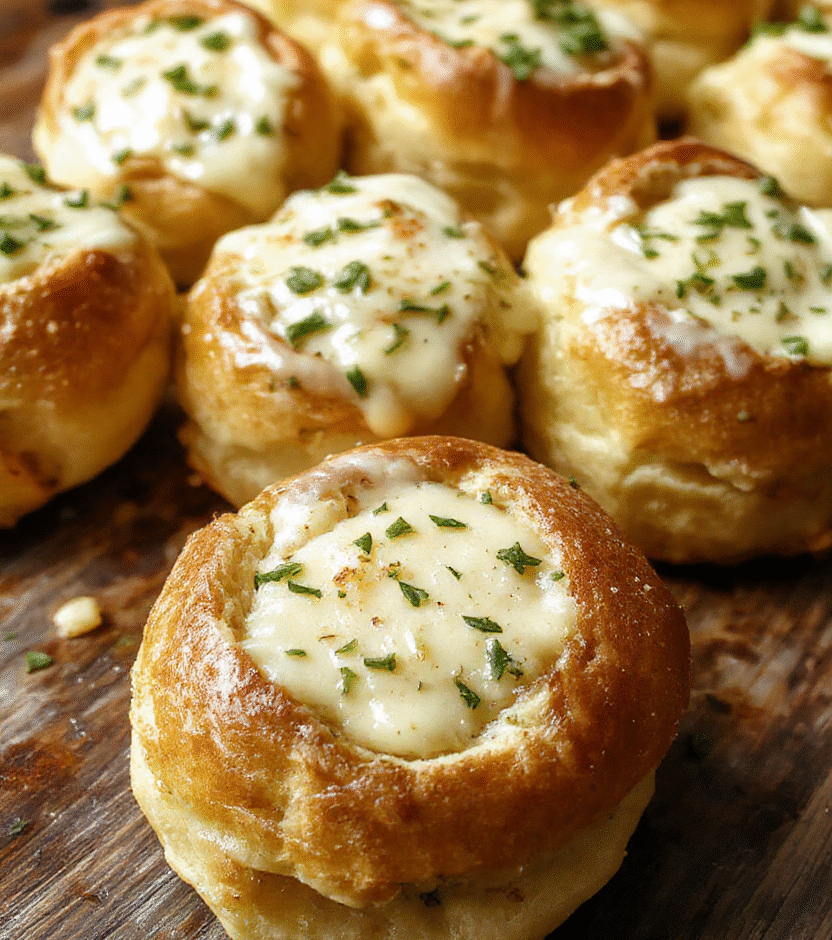 Golden, fluffy garlic butter bread rolls arranged on a rustic wooden platter, brushed with glossy garlic butter, topped with chopped parsley, and textured with soft, airy interiors contrasted by a lightly crisp crust.