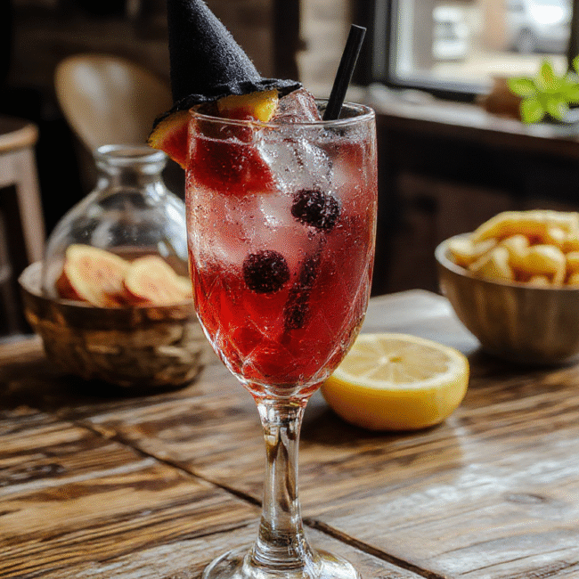 A vibrant, colorful cocktail glass filled with a bubbly, fruity drink garnished with fresh berries, citrus slices, and a whimsical cherry on top. The drink has a lively, frothy surface with bubbles rising, set against a stylish party table with decorative elements, creating an inviting and festive atmosphere.