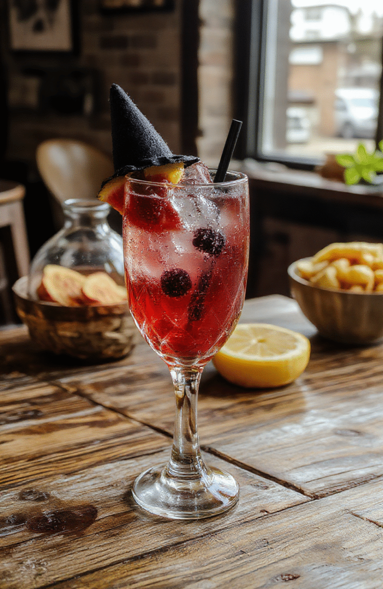 A vibrant, colorful cocktail glass filled with a bubbly, fruity drink garnished with fresh berries, citrus slices, and a whimsical cherry on top. The drink has a lively, frothy surface with bubbles rising, set against a stylish party table with decorative elements, creating an inviting and festive atmosphere.