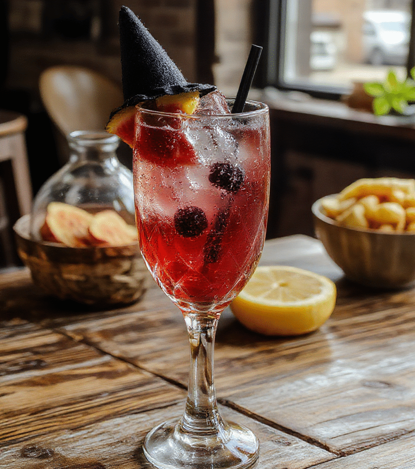 A vibrant, colorful cocktail glass filled with a bubbly, fruity drink garnished with fresh berries, citrus slices, and a whimsical cherry on top. The drink has a lively, frothy surface with bubbles rising, set against a stylish party table with decorative elements, creating an inviting and festive atmosphere.