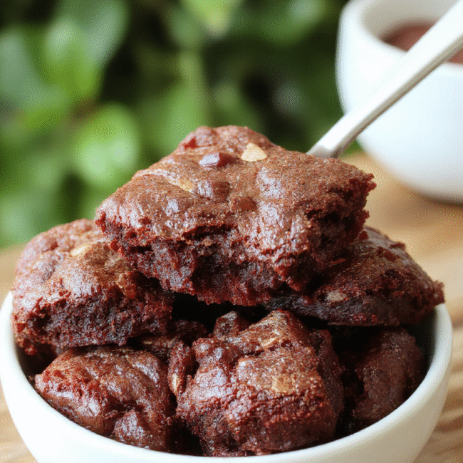 A rich, fudgy brownie on a rustic wooden surface, topped with a glossy chocolate glaze, with crumbles around it, styled simply with natural lighting for an inviting look