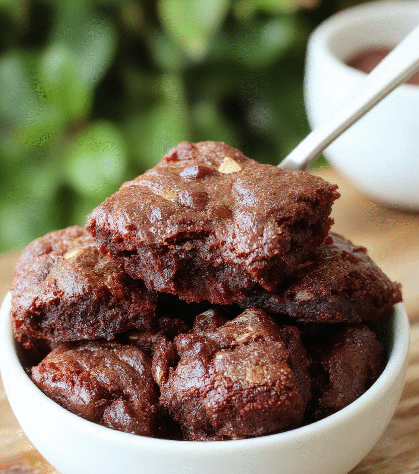 A rich, fudgy brownie on a rustic wooden surface, topped with a glossy chocolate glaze, with crumbles around it, styled simply with natural lighting for an inviting look