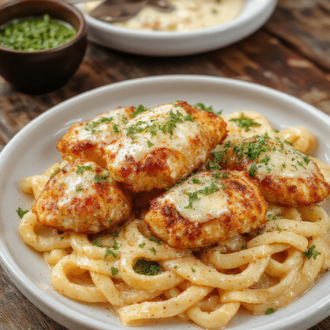 A vibrant plate featuring golden garlic butter chicken bites arranged alongside a creamy parmesan pasta, garnished with fresh parsley and sprinkled with grated cheese, styled on a rustic wooden table with a blurred background.
