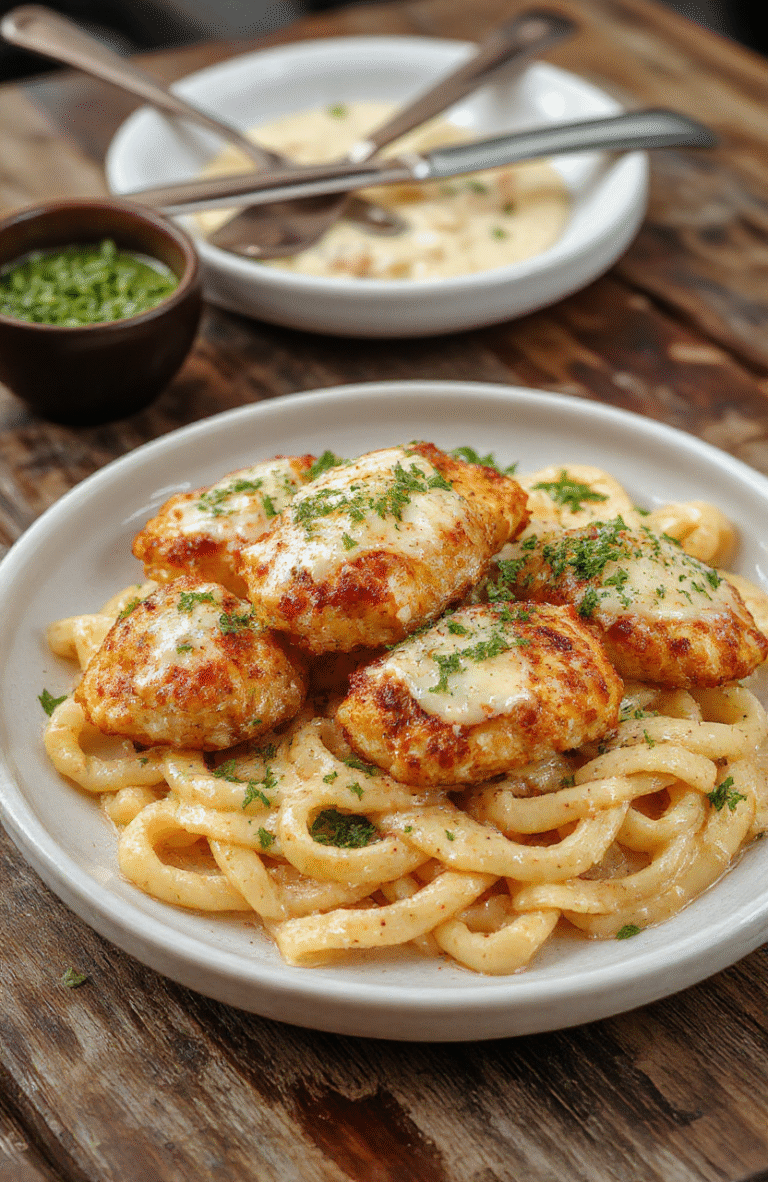 A vibrant plate featuring golden garlic butter chicken bites arranged alongside a creamy parmesan pasta, garnished with fresh parsley and sprinkled with grated cheese, styled on a rustic wooden table with a blurred background.