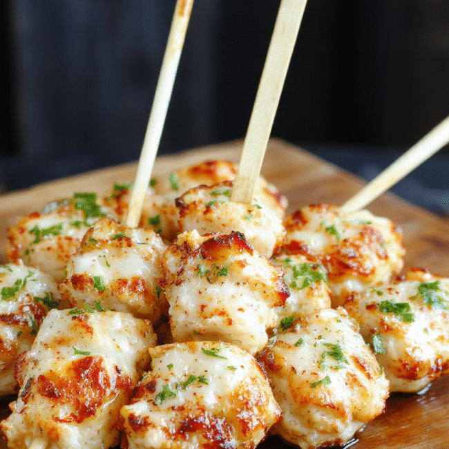 Colorful garlic Parmesan chicken skewers arranged on a white platter with fresh herbs, golden-brown grilled chicken pieces coated with melted Parmesan cheese, vibrant red cherry tomatoes, and green parsley, styled casually with a rustic wooden surface and soft natural lighting highlighting textures.