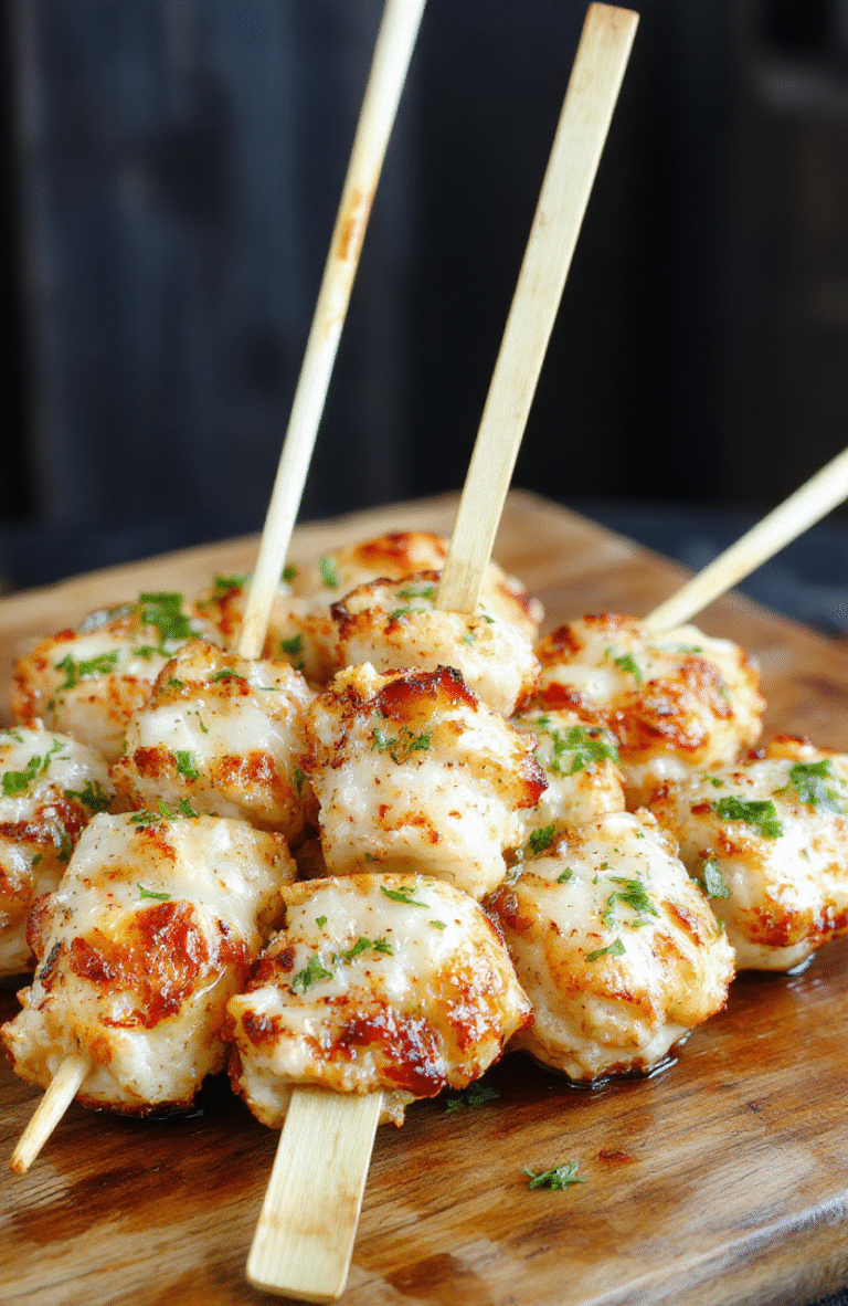 Colorful garlic Parmesan chicken skewers arranged on a white platter with fresh herbs, golden-brown grilled chicken pieces coated with melted Parmesan cheese, vibrant red cherry tomatoes, and green parsley, styled casually with a rustic wooden surface and soft natural lighting highlighting textures.