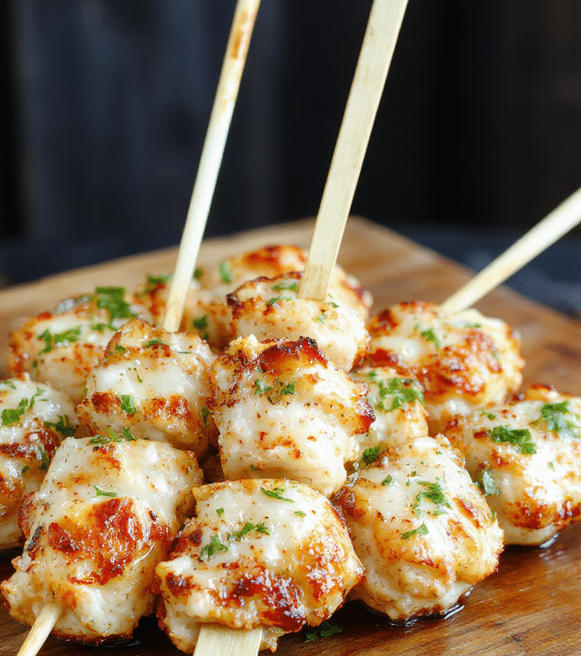 Colorful garlic Parmesan chicken skewers arranged on a white platter with fresh herbs, golden-brown grilled chicken pieces coated with melted Parmesan cheese, vibrant red cherry tomatoes, and green parsley, styled casually with a rustic wooden surface and soft natural lighting highlighting textures.
