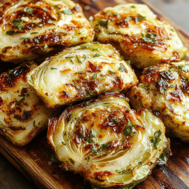 Golden-brown cabbage steaks garnished with fresh chopped garlic and herbs, arranged on a rustic wooden platter, with a hint of smoky caramelization and vibrant green herbs, styled simply for a rustic kitchen presentation