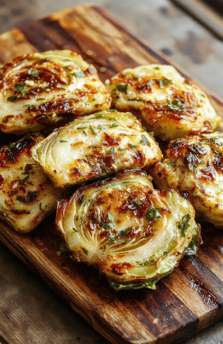 Golden-brown cabbage steaks garnished with fresh chopped garlic and herbs, arranged on a rustic wooden platter, with a hint of smoky caramelization and vibrant green herbs, styled simply for a rustic kitchen presentation