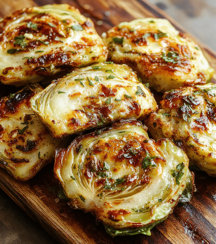 Golden-brown cabbage steaks garnished with fresh chopped garlic and herbs, arranged on a rustic wooden platter, with a hint of smoky caramelization and vibrant green herbs, styled simply for a rustic kitchen presentation