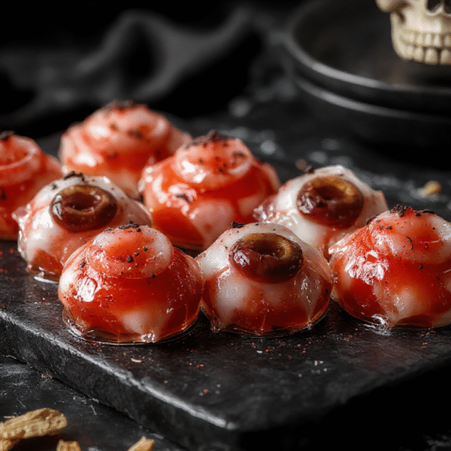 A vibrant tray of spooky eyeball gelatin shots with red and green gelatin, topped with edible eyeballs made from candies and stuffed into clear shot glasses, set on a dark spooky-themed table with Halloween decorations, dramatic lighting highlighting textures and colors.