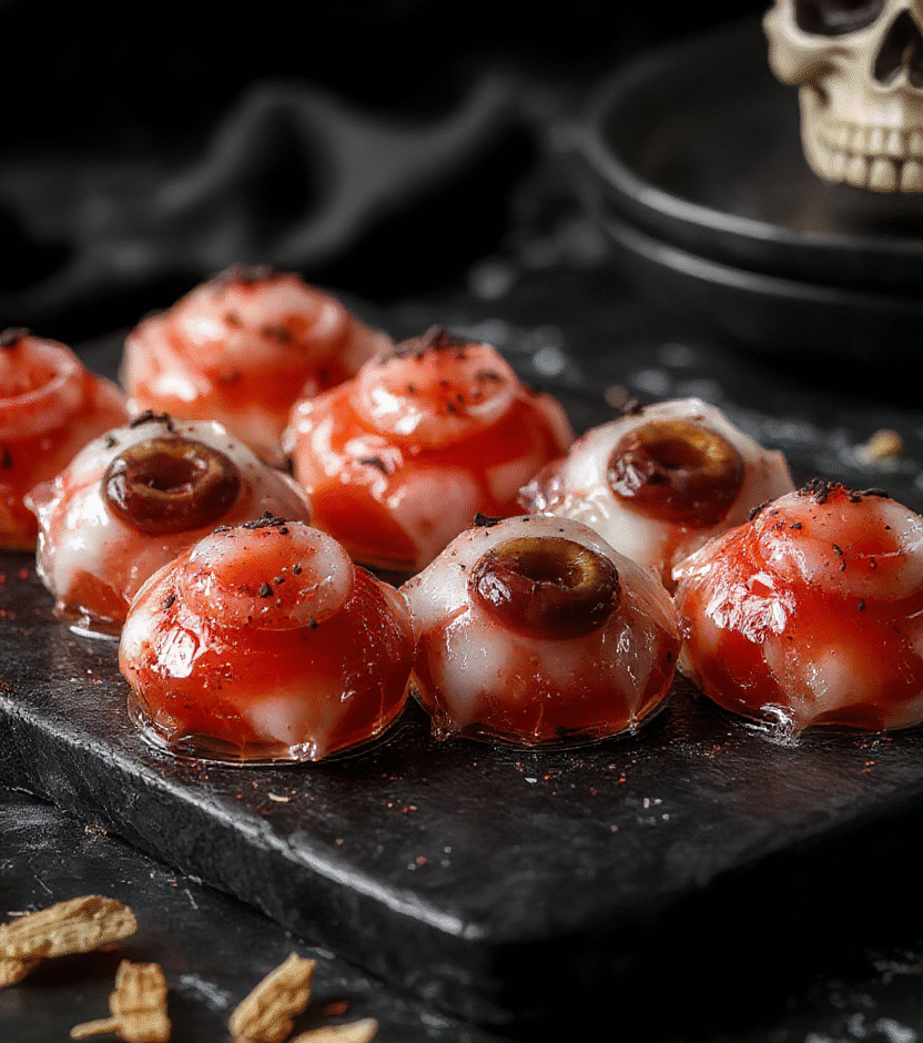 A vibrant tray of spooky eyeball gelatin shots with red and green gelatin, topped with edible eyeballs made from candies and stuffed into clear shot glasses, set on a dark spooky-themed table with Halloween decorations, dramatic lighting highlighting textures and colors.