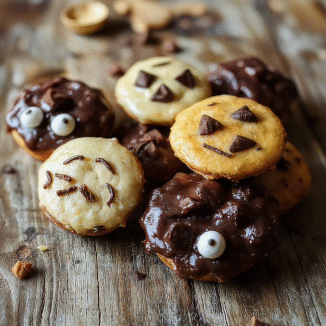 Colorful Halloween-themed treats arranged on a festive platter, featuring creepy cupcakes, gummy worms, and decorated cookies, all with vibrant orange, black, and purple hues, styled on a rustic wooden table with spooky decorations in the background