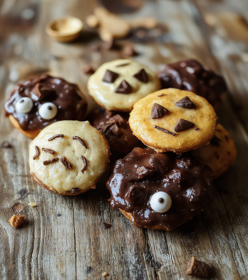Colorful Halloween-themed treats arranged on a festive platter, featuring creepy cupcakes, gummy worms, and decorated cookies, all with vibrant orange, black, and purple hues, styled on a rustic wooden table with spooky decorations in the background