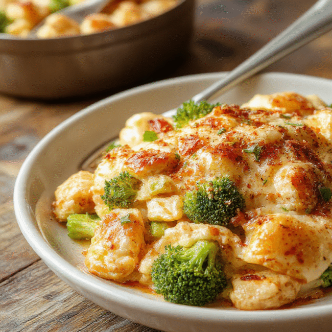 A vibrant broccoli chicken casserole in a white baking dish topped with melted cheese, steam rising, with chopped broccoli and golden-brown chicken pieces, styled on a rustic wooden table.