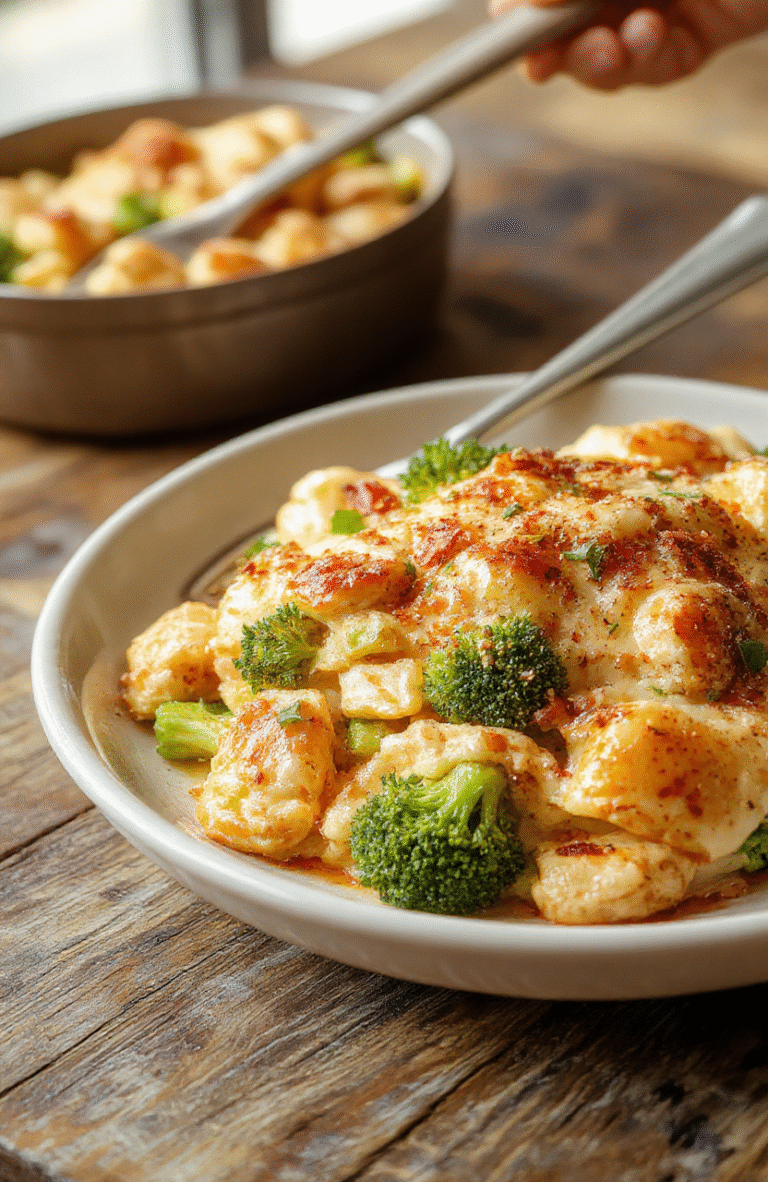 A vibrant broccoli chicken casserole in a white baking dish topped with melted cheese, steam rising, with chopped broccoli and golden-brown chicken pieces, styled on a rustic wooden table.