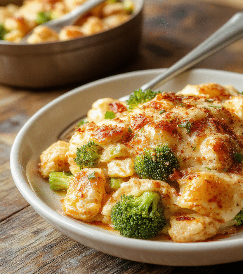 A vibrant broccoli chicken casserole in a white baking dish topped with melted cheese, steam rising, with chopped broccoli and golden-brown chicken pieces, styled on a rustic wooden table.