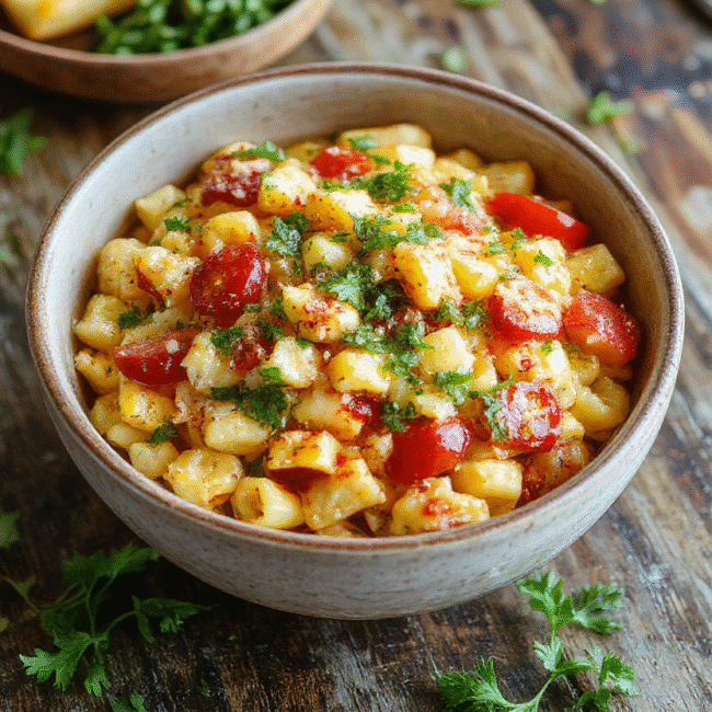 A colorful bowl of pasta salad featuring vibrant yellow corn kernels, cherry tomatoes, chopped cilantro, and shredded cheese, topped with a sprinkle of paprika. The ingredients are mixed with a creamy dressing and plated on a rustic wooden surface, styled casually with fresh herbs around for a lively summer vibe.