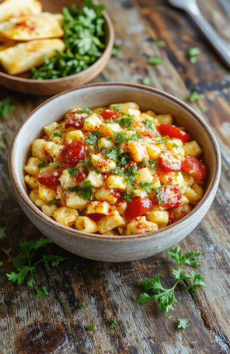 A colorful bowl of pasta salad featuring vibrant yellow corn kernels, cherry tomatoes, chopped cilantro, and shredded cheese, topped with a sprinkle of paprika. The ingredients are mixed with a creamy dressing and plated on a rustic wooden surface, styled casually with fresh herbs around for a lively summer vibe.