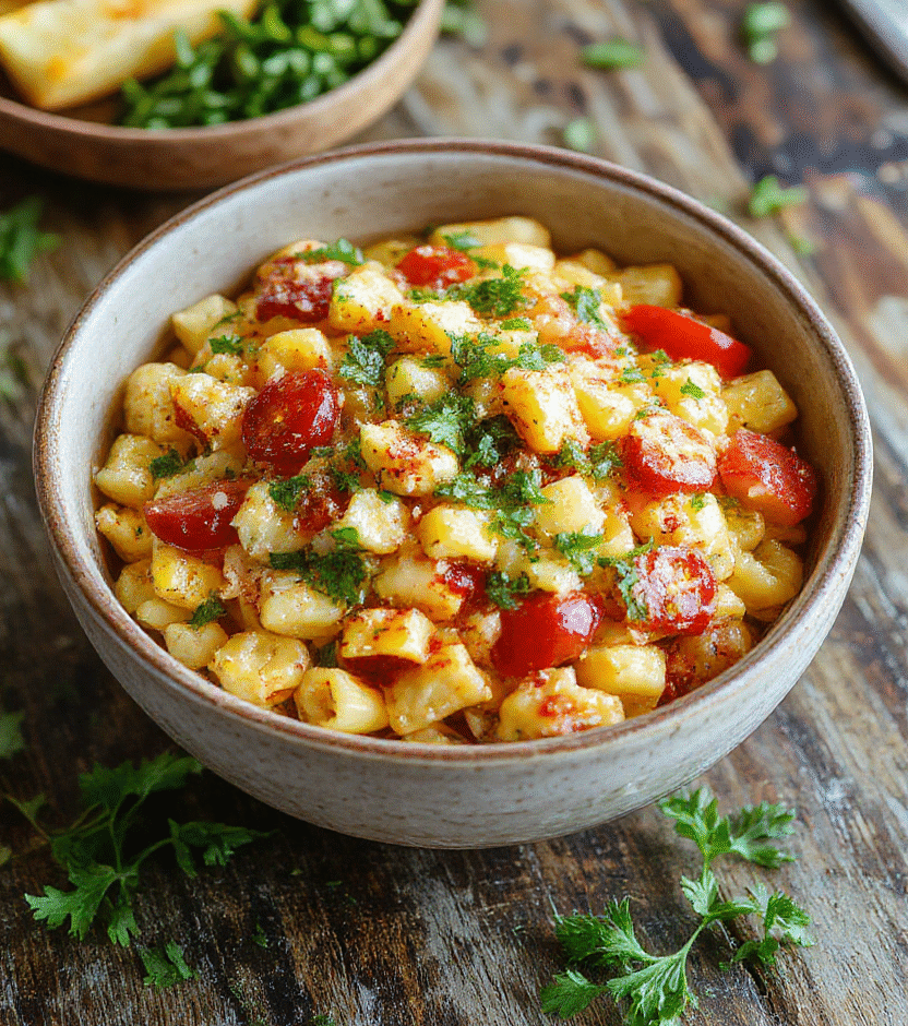 A colorful bowl of pasta salad featuring vibrant yellow corn kernels, cherry tomatoes, chopped cilantro, and shredded cheese, topped with a sprinkle of paprika. The ingredients are mixed with a creamy dressing and plated on a rustic wooden surface, styled casually with fresh herbs around for a lively summer vibe.