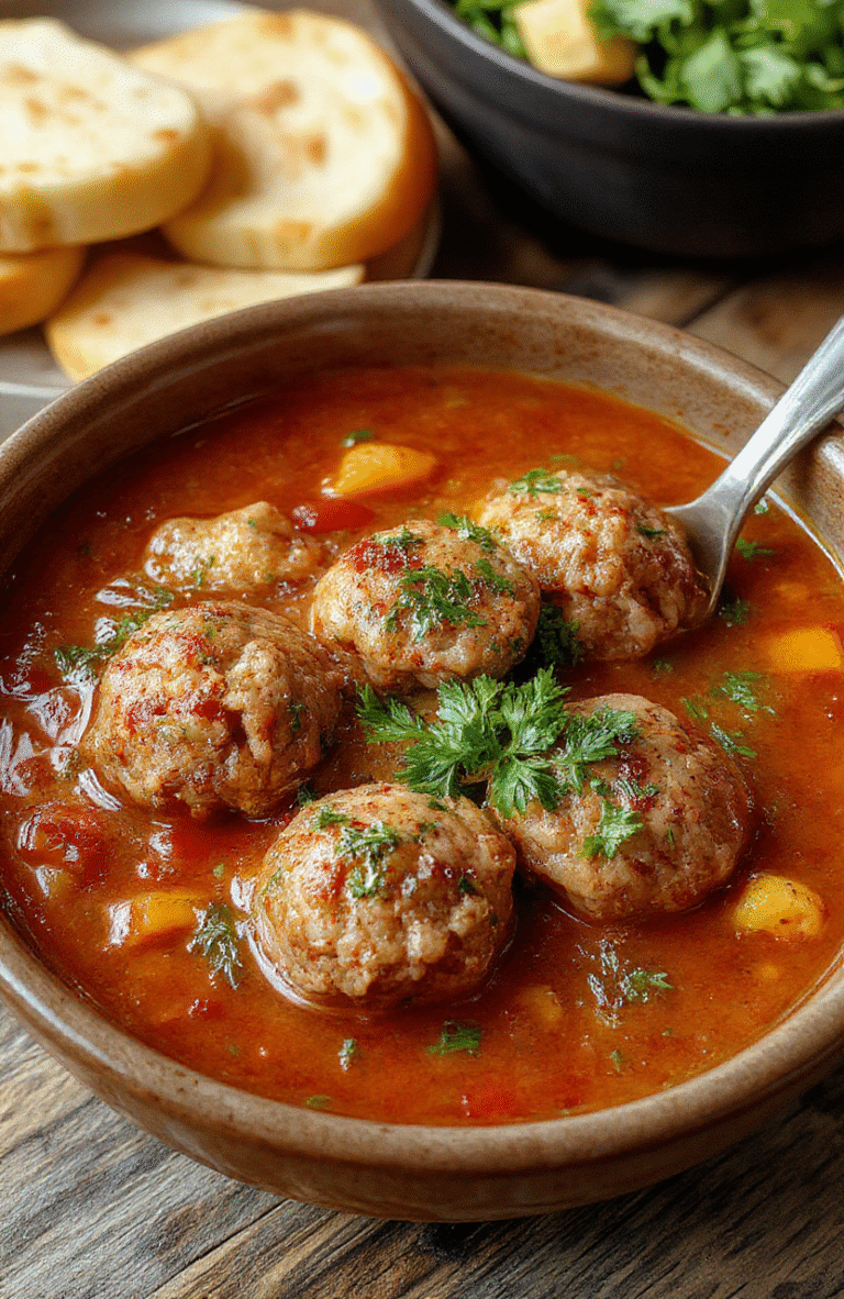 A steaming bowl of Italian meatball soup with tender meatballs, fresh herbs, and vegetables in a clear broth, topped with grated cheese, served on a rustic wooden table with a spoon and a sprig of basil.